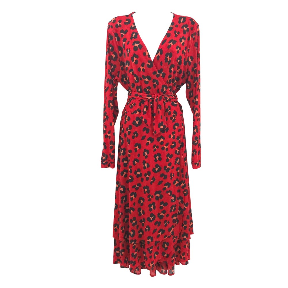 Cabi Siren Wrap Dress Leopard Womens Large Red Mesh Tiered Long‎ Sleeve Midi